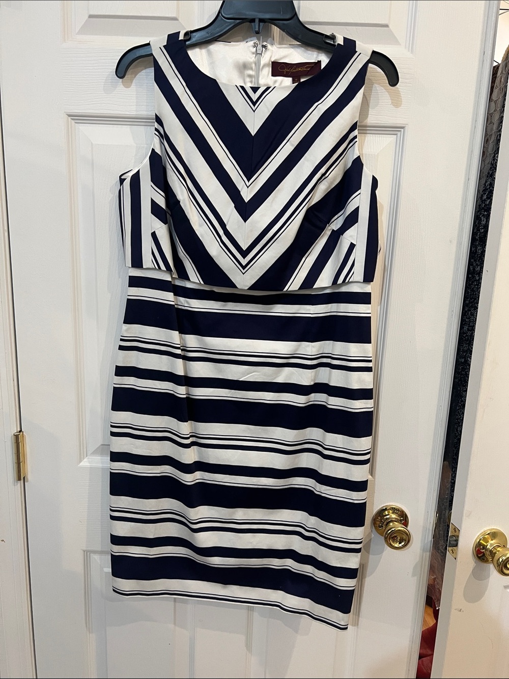 Chaps Navy and White Striped Sleeveless Midi Dress C48
